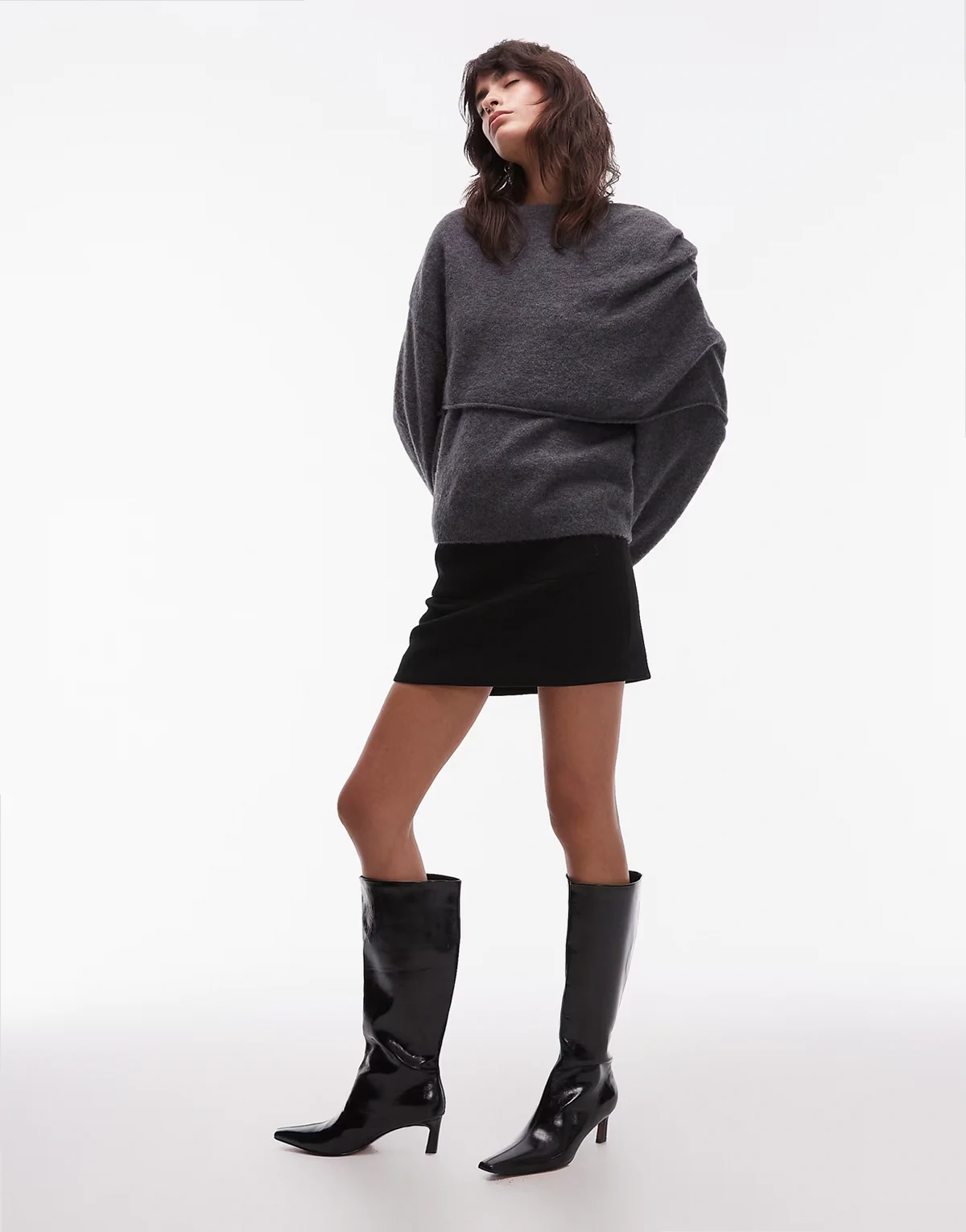 – Drapierter Wickel-Pullover in Dunkelgrau aus Woll-Alpakamix