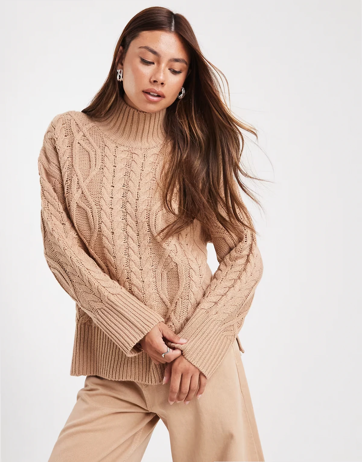 chunky cable knit high neck sweater in camel