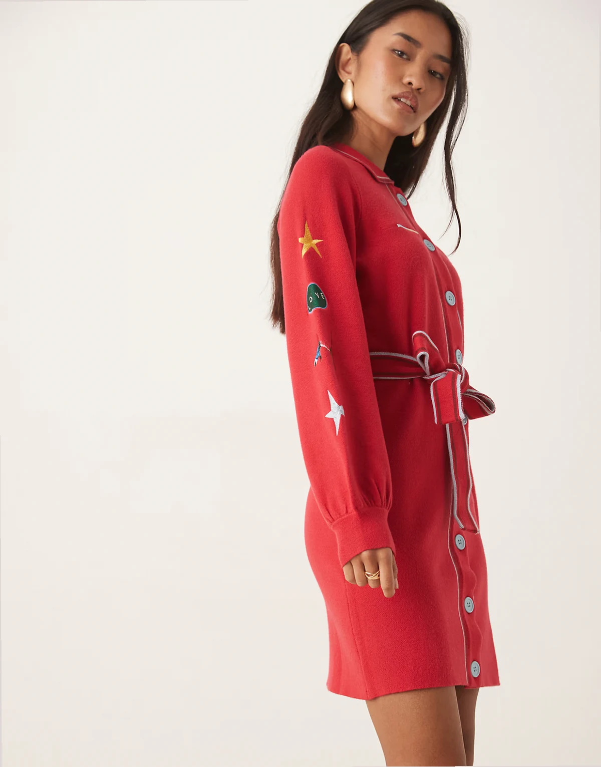 ski motif knit cardigan mini dress in red