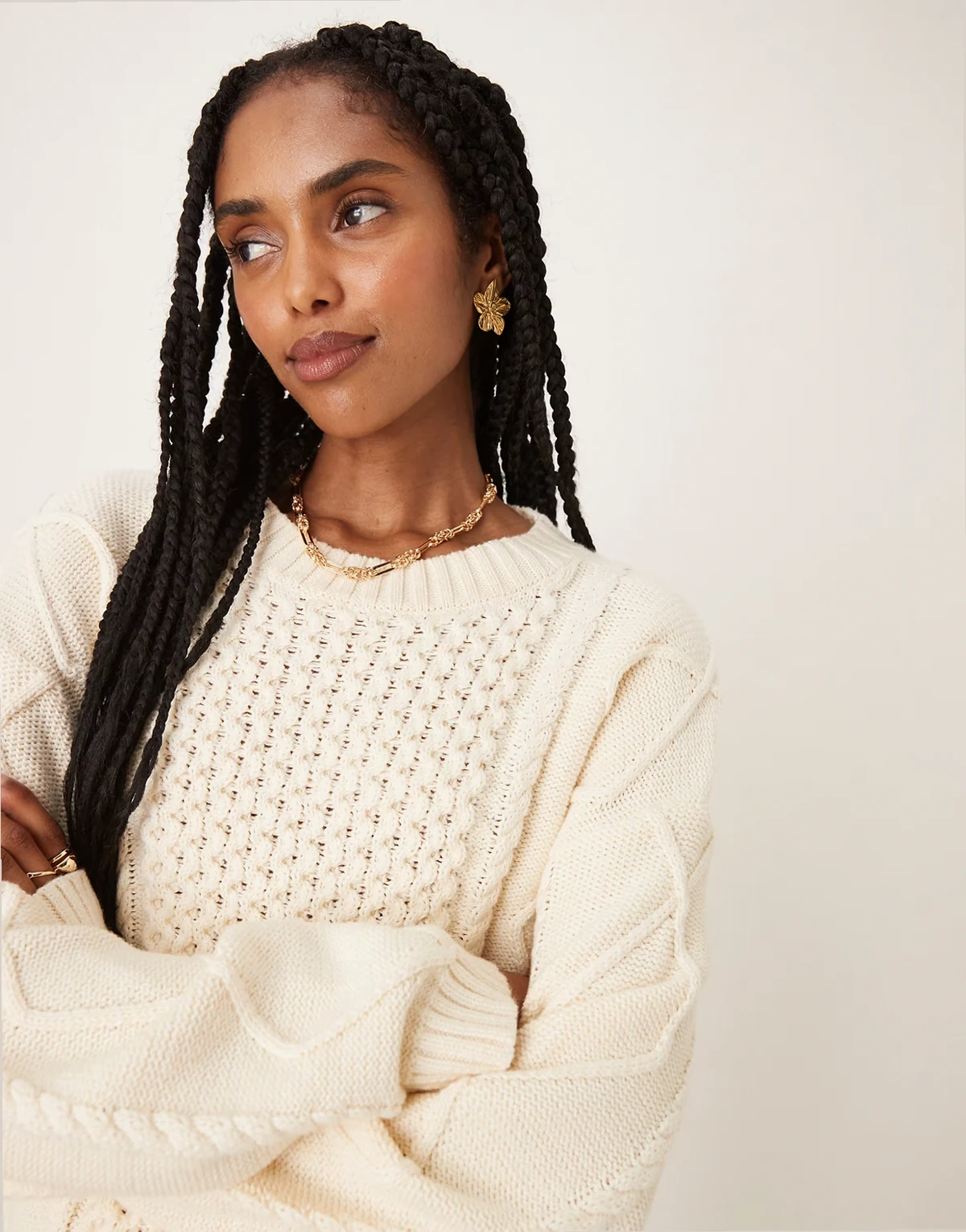 – Oversize-Strickpullover in Wollweiß mit Zopfmuster