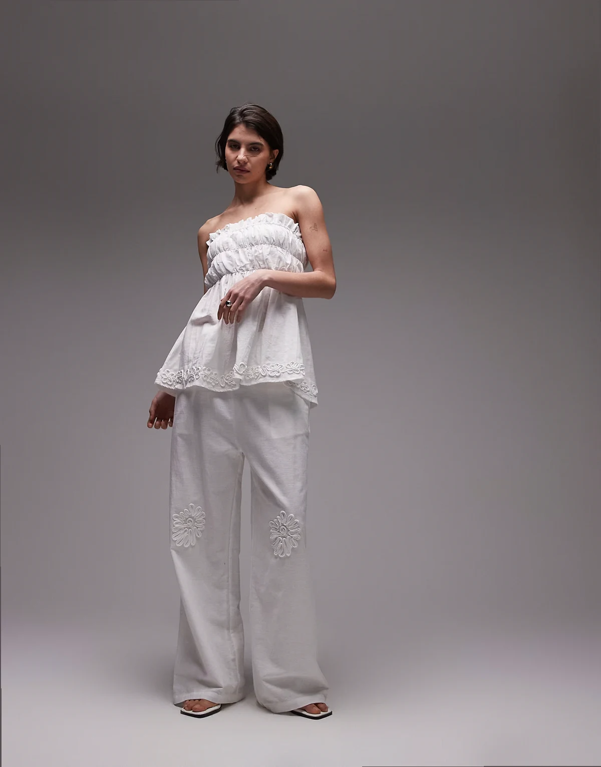 linen blend flower applique wide leg pants in white - part of a set