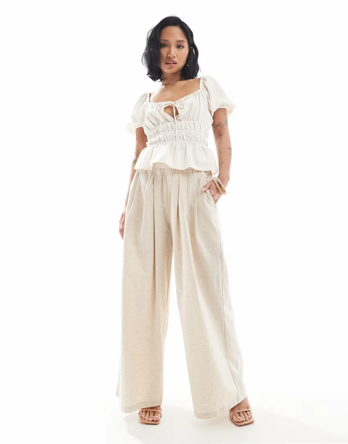 exclusive linen blend tailored ruched waistband wide leg pants in beige