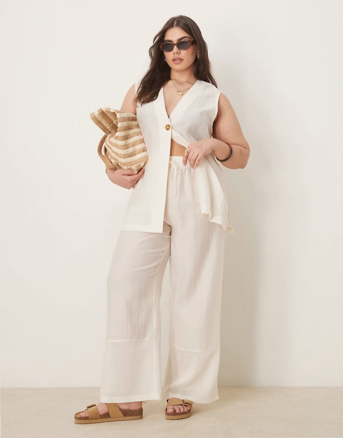 ASOS DESIGN Curve sheer textured wide leg pants in off white - part of a set