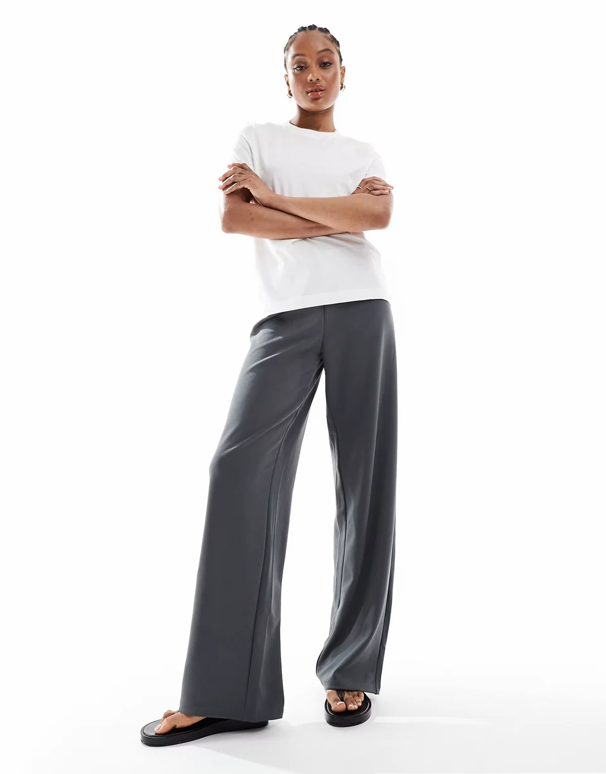 loose pull on pants in gray pinstripe