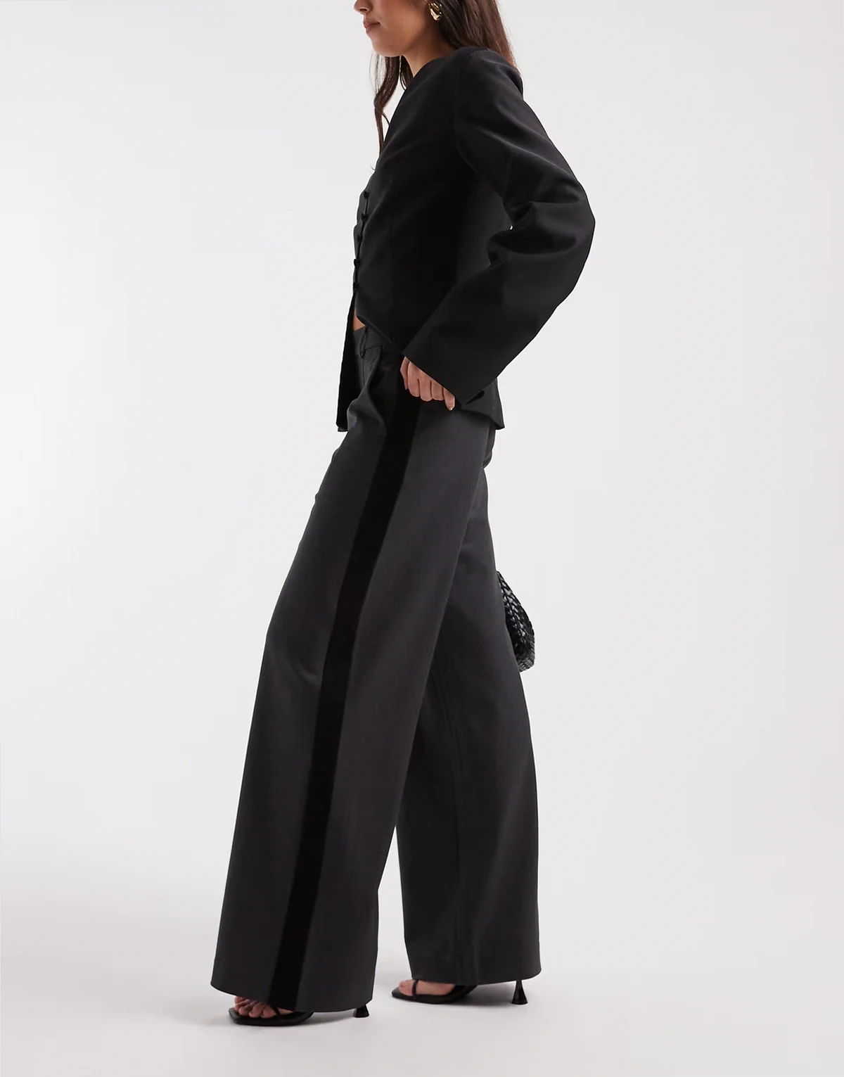 stretch tailored wide leg pants with side stripe detail in gray melange