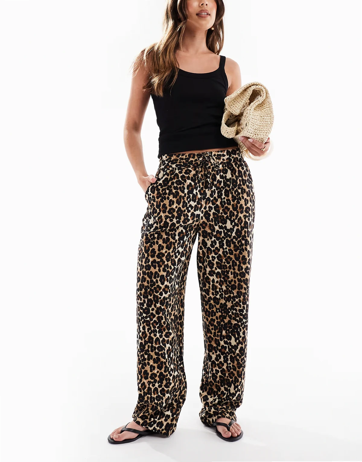 – Hose mit weitem Bein, Leopardenmuster und Leinenanteil