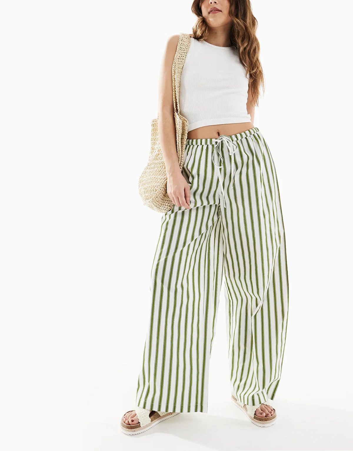 wide leg striped pants in white and green