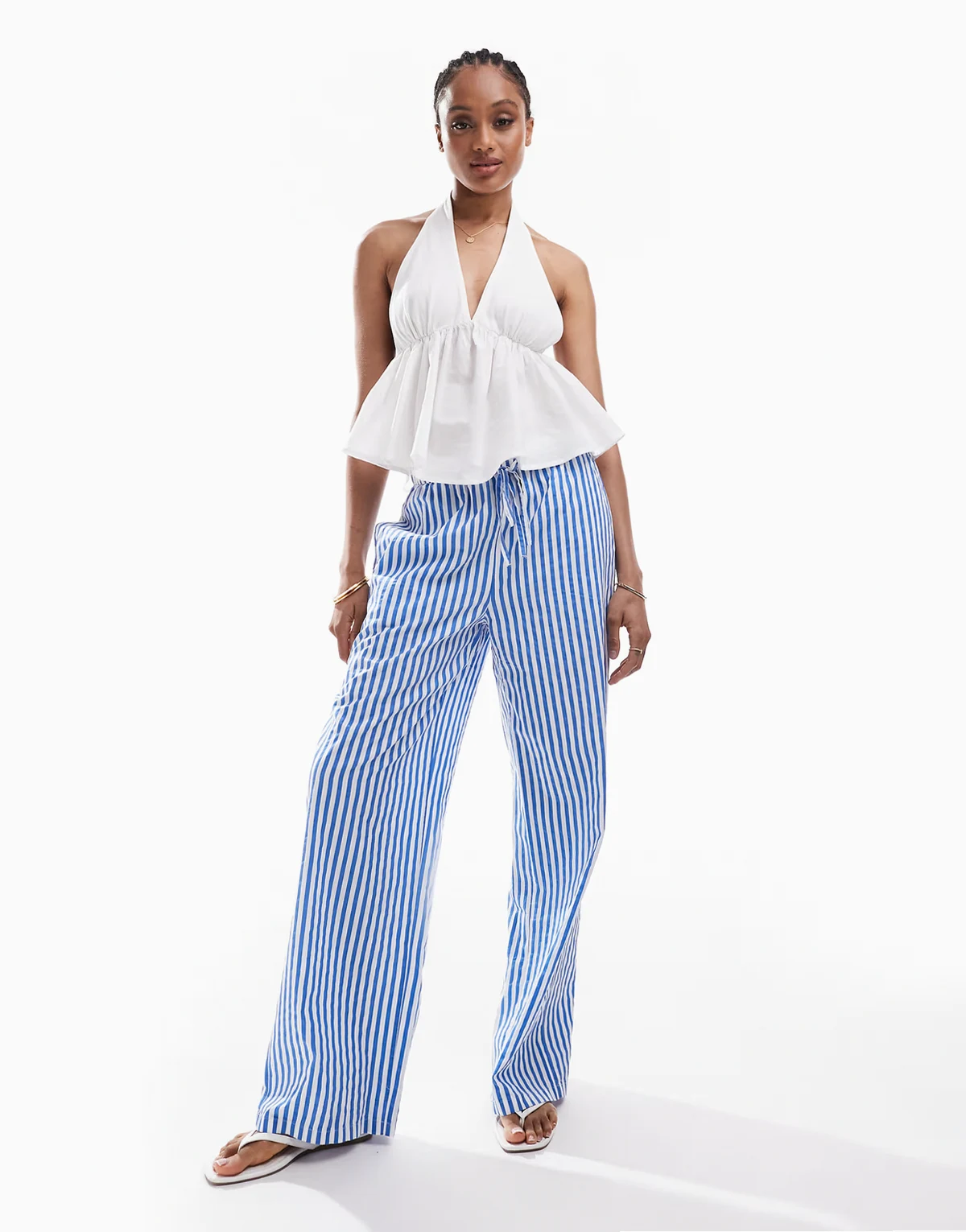 double waistband detail wide leg pants in blue stripe