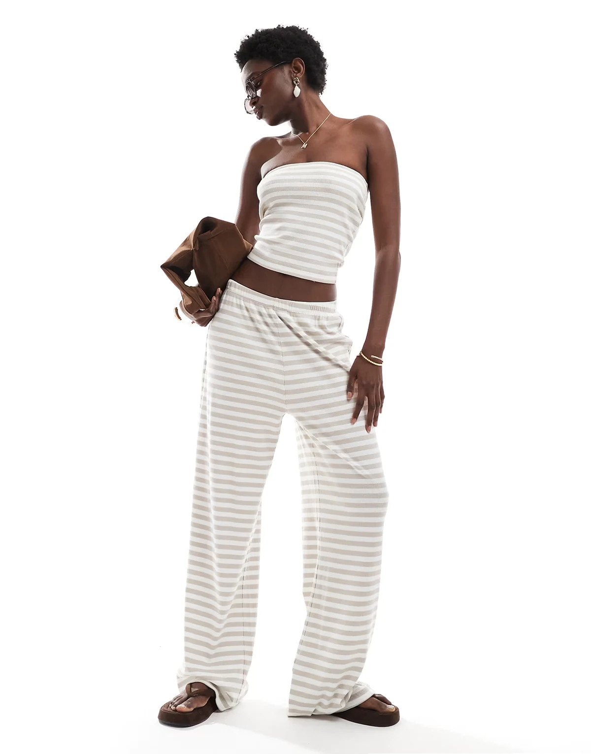 ribbed jersey pants in beige stripes - part of a set