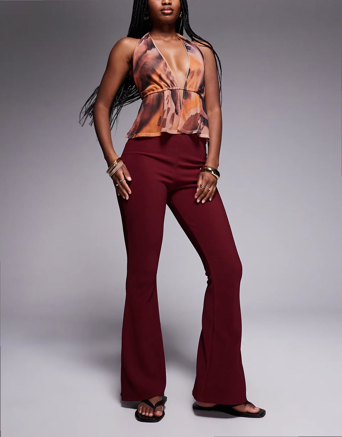ribbed flare pants in burgundy