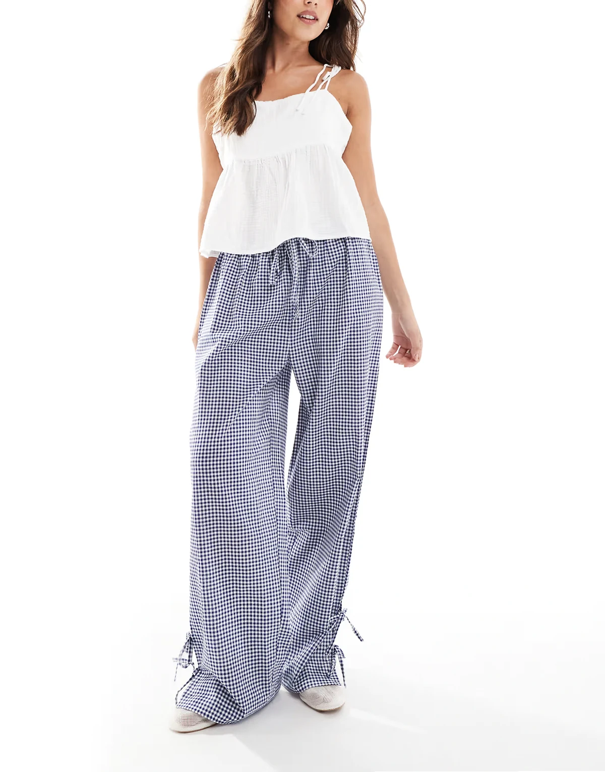 tie sides gingham pants in navy blue