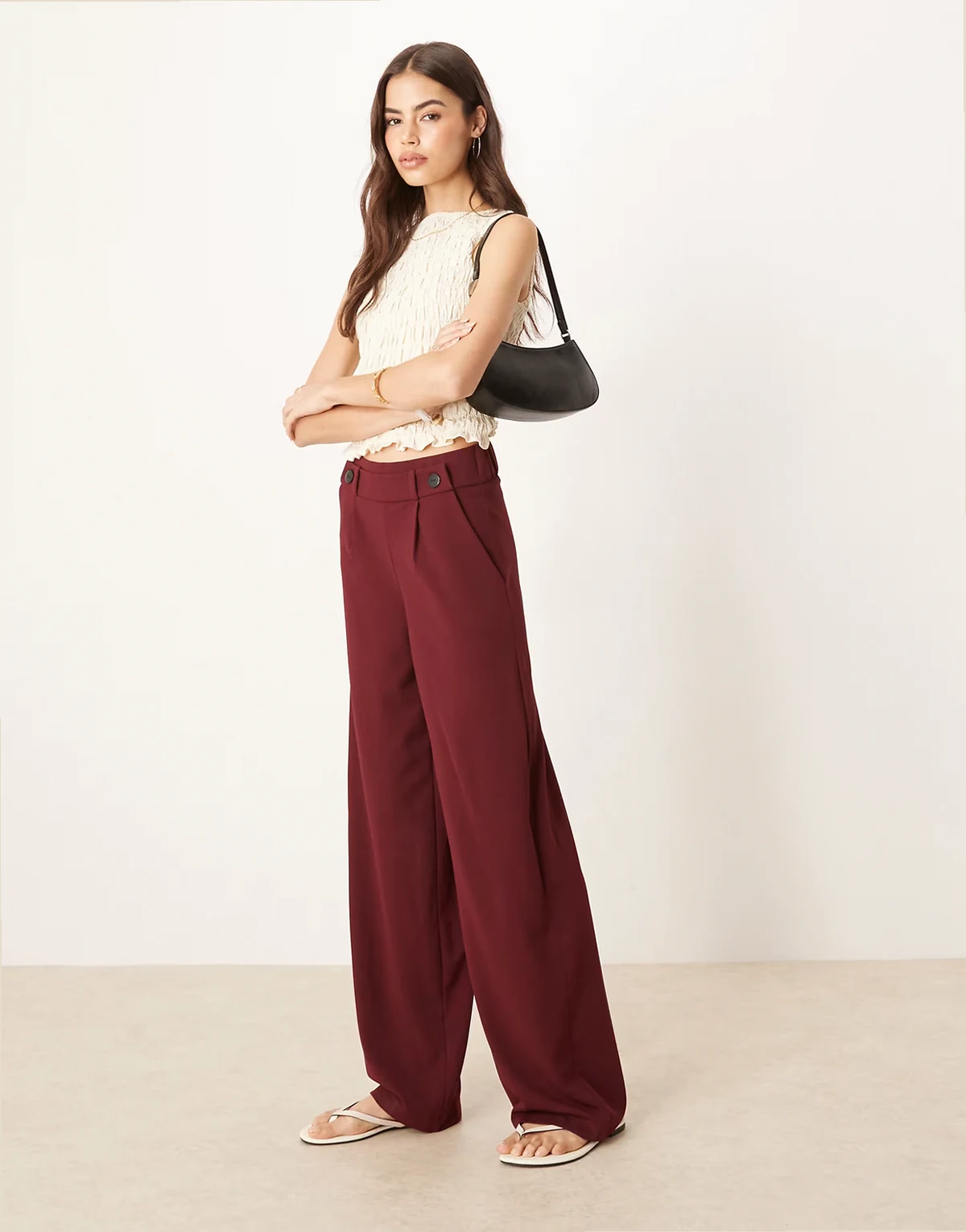 button detail wide leg dad pants in burgundy