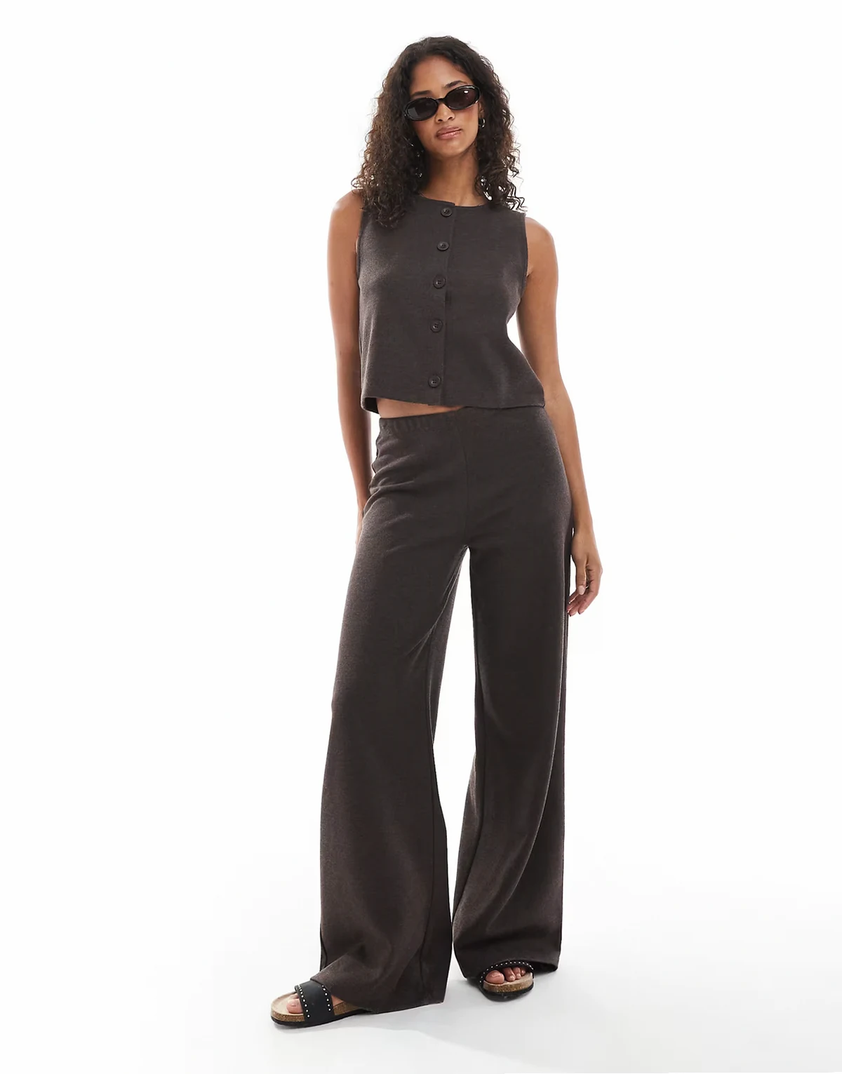premium soft rib knit wide leg pants in chocolate