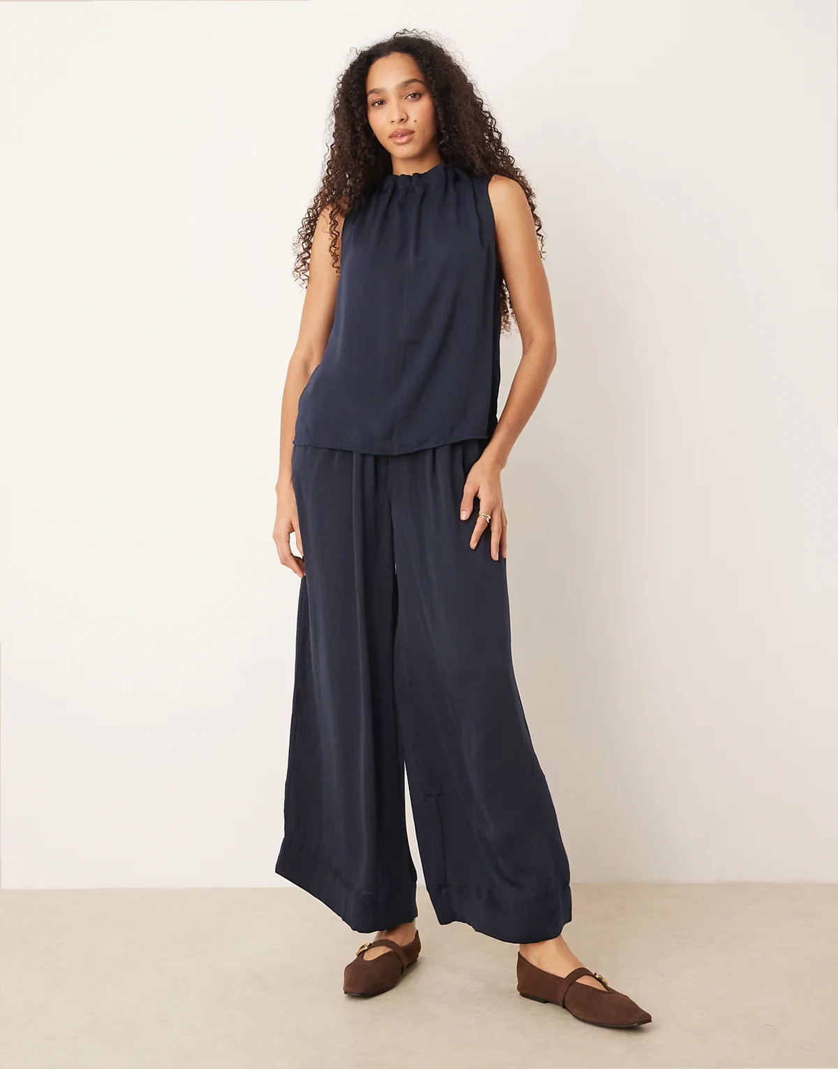 pleated detail high waist wide leg pants in navy - part of a set