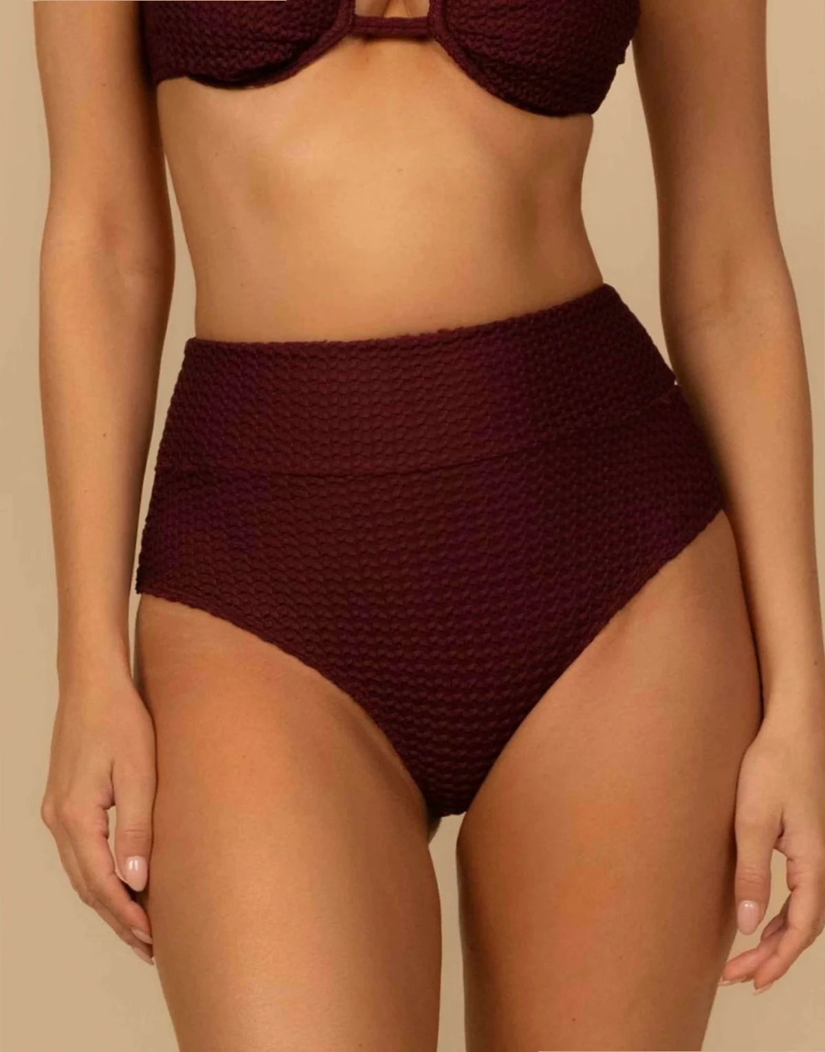 added coverage high rise bikini bottom in maroon crochet