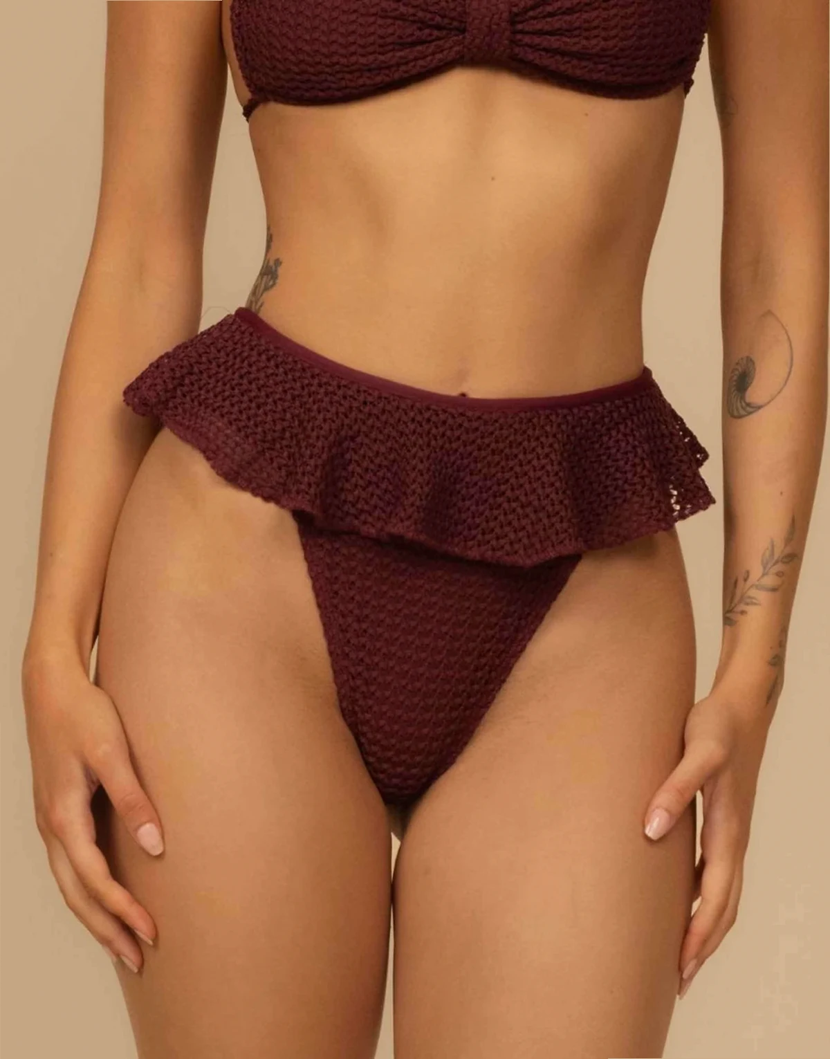 Maroon crochet tamarindo ruffle bikini bottom in maroon crochet
