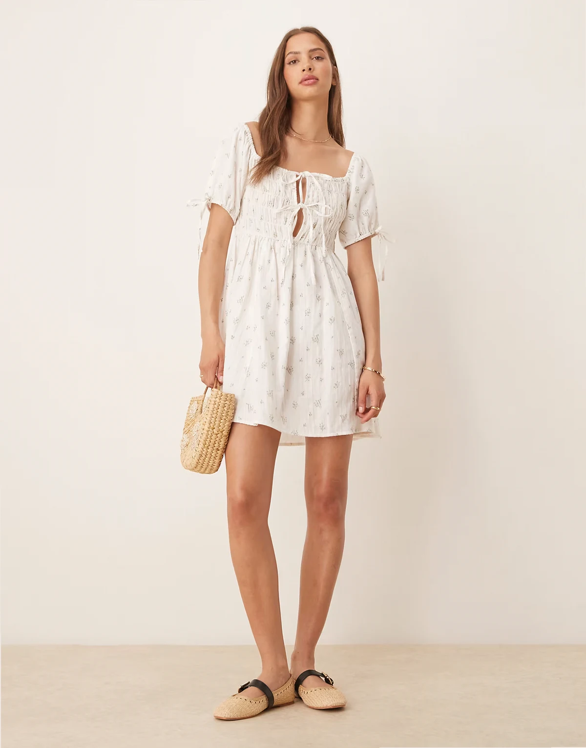 Esmee Exclusive tie front puff sleeve mini beach dress in white ditsy floral