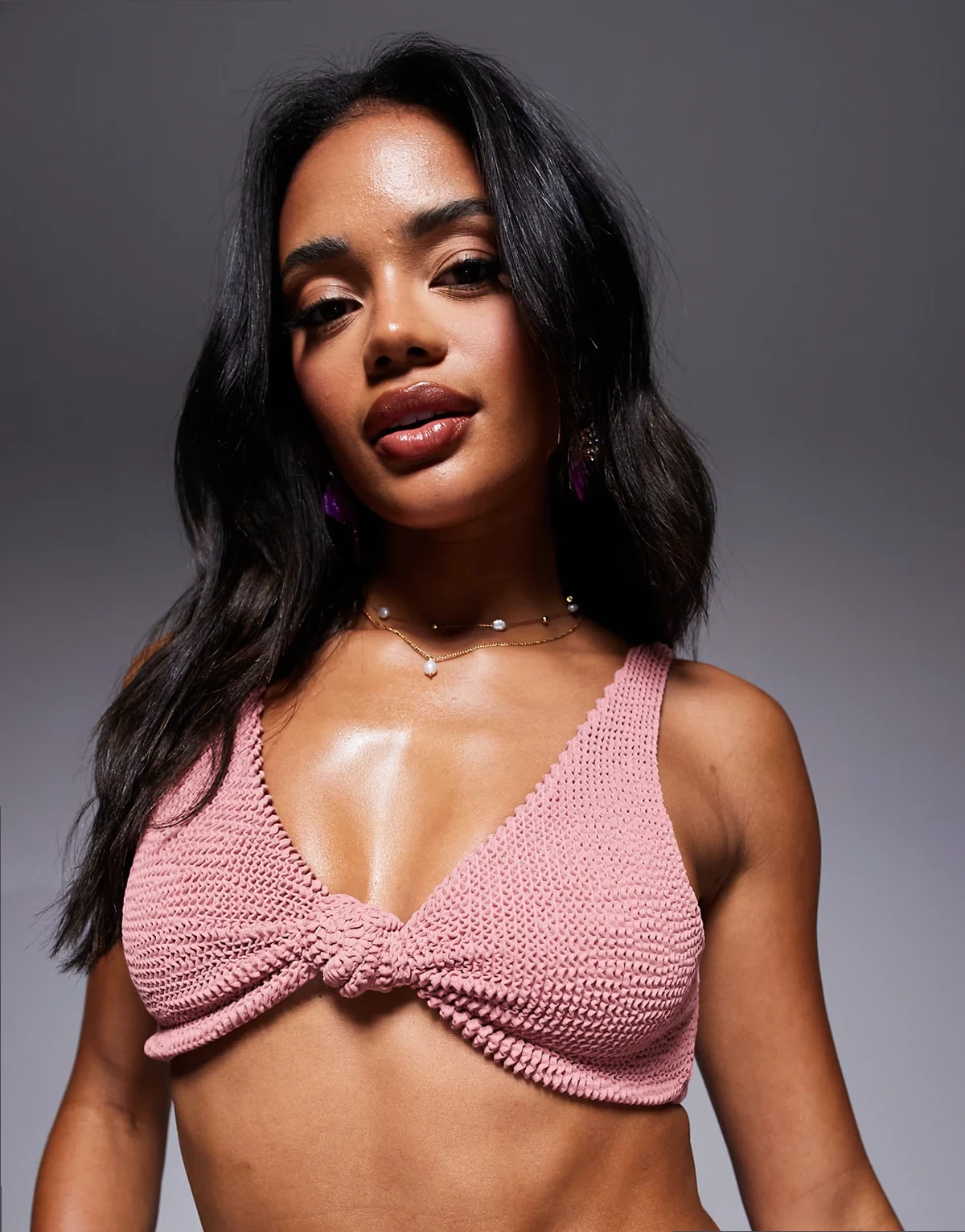 scrunch knot front bikini top in clay pink