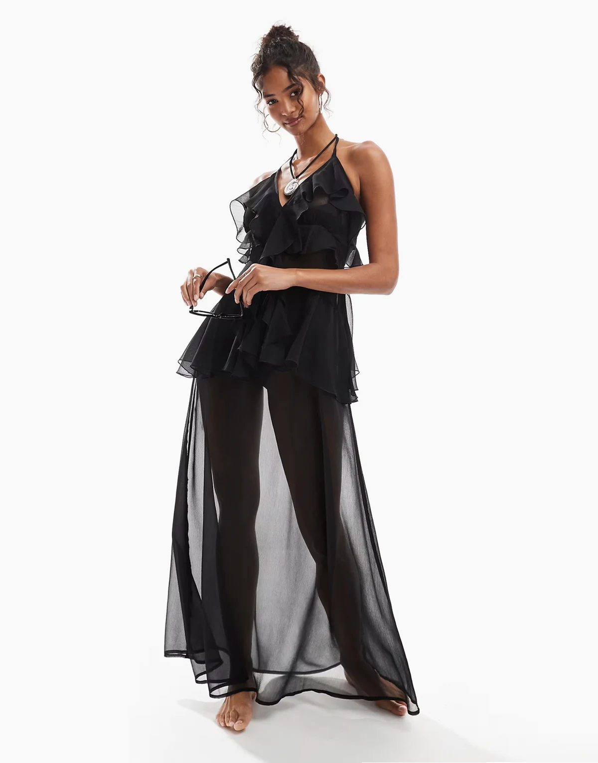 – Beach-Maxikleid in Schwarz aus Chiffon mit Rüschen