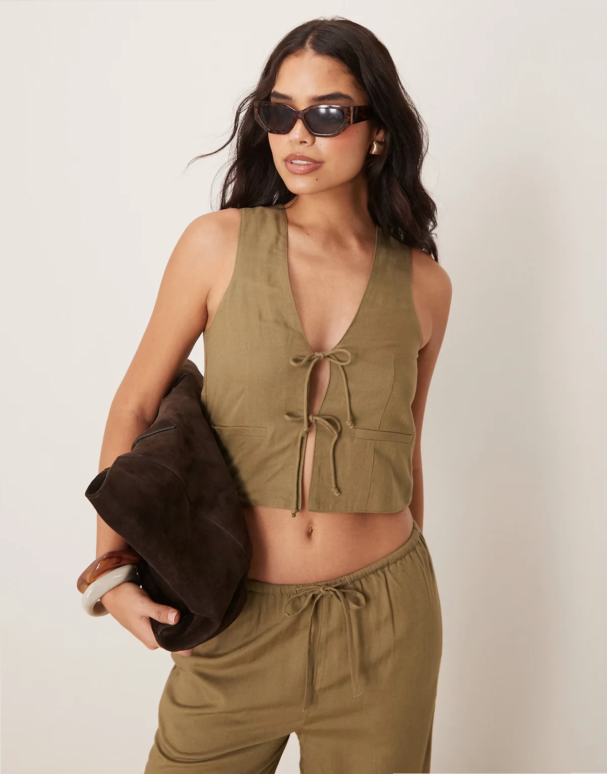 double tie beach vest in olive green - part of a set