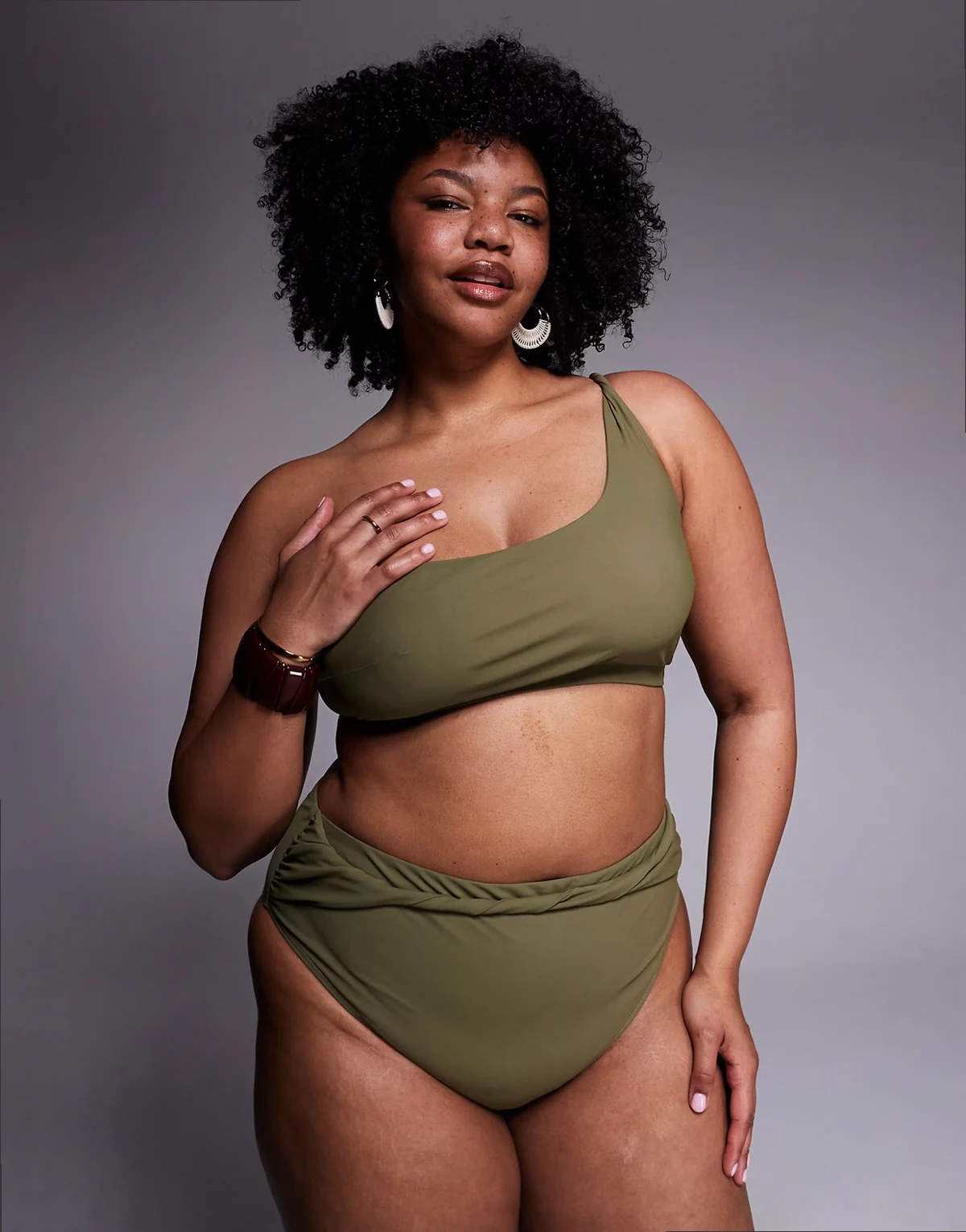 ASOS DESIGN Curve Tina Twisted paper touch one shoulder bikini crop top in khaki green
