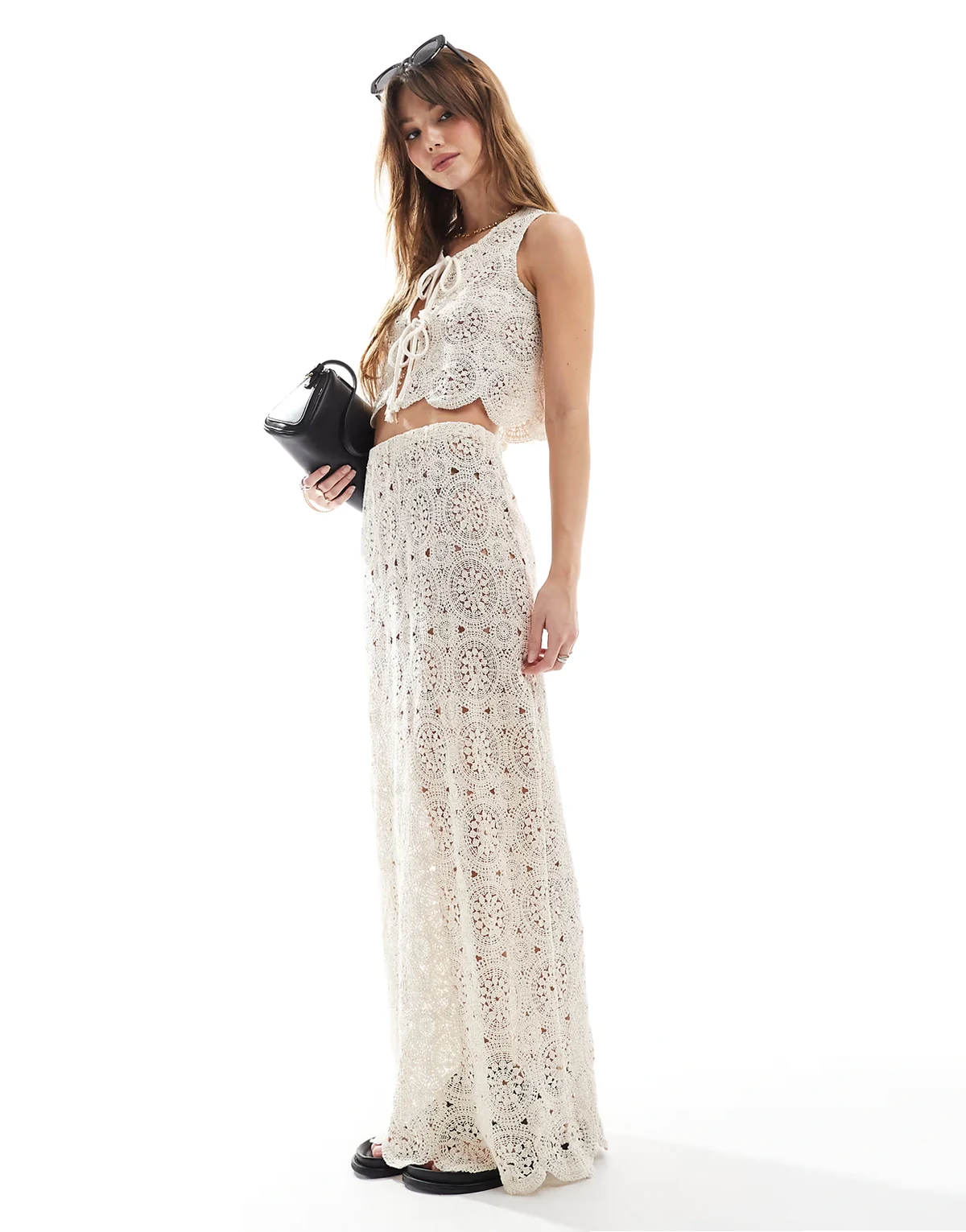 floral crochet scalloped hem beach maxi skirt in beige - part of a set
