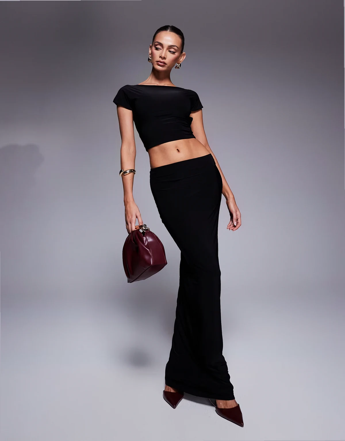 exclusive double layered slinky column maxi skirt in black - part of a set
