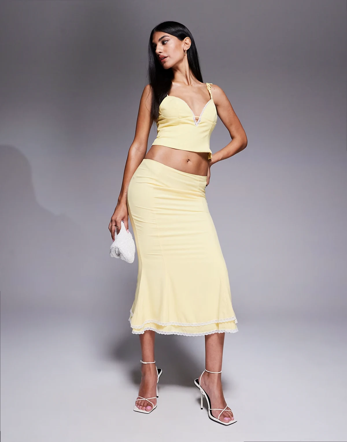Lupita lace trim tiered midi skirt in pastel yellow - part of a set