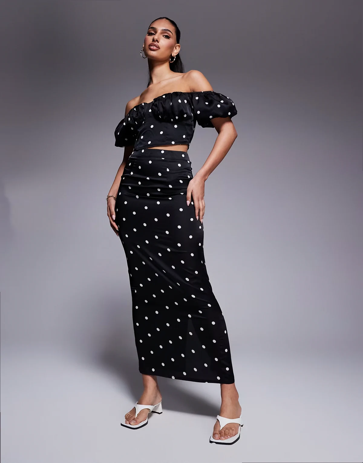 exclusive bodycon satin maxi skirt in black polka dot - part of a set