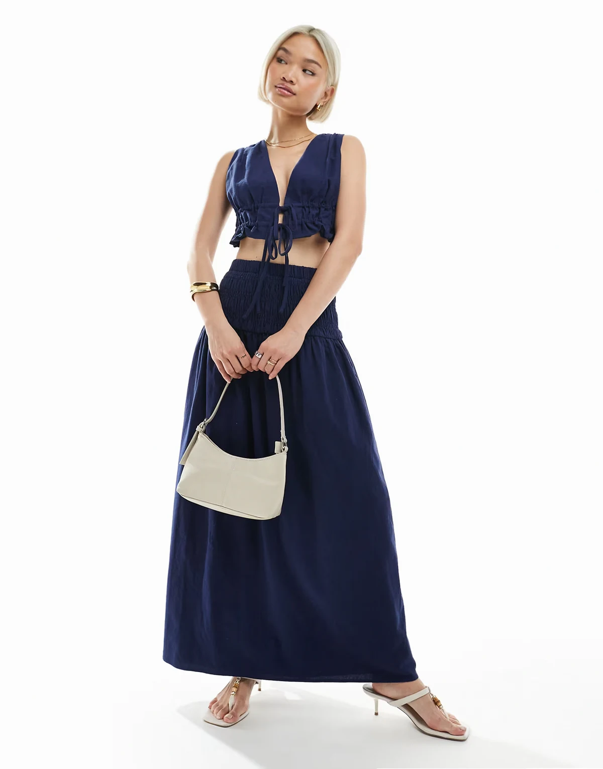 linen look dropped waist maxi skirt in navy - part of a set