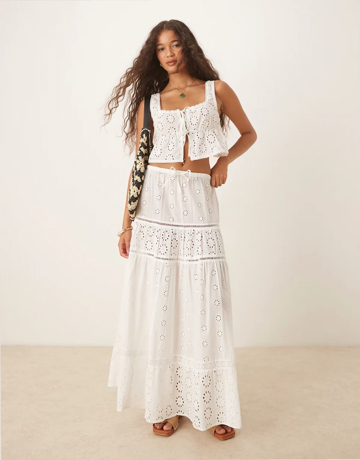 broderie maxi tiered beach skirt in white - part of a set