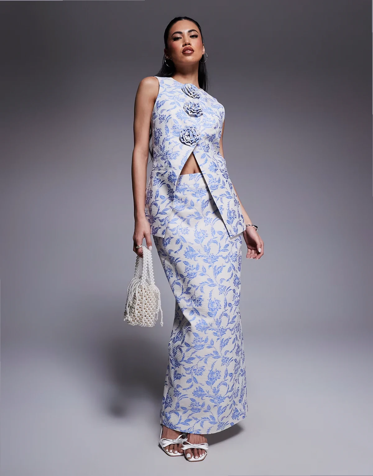 jacquard tailored maxi skirt with slit back in tapestry floral - part of a set