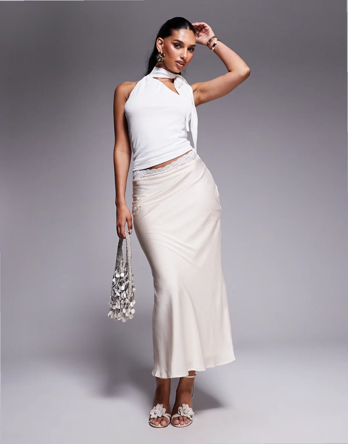 Charmaine satin lace trim waist maxi skirt in cream