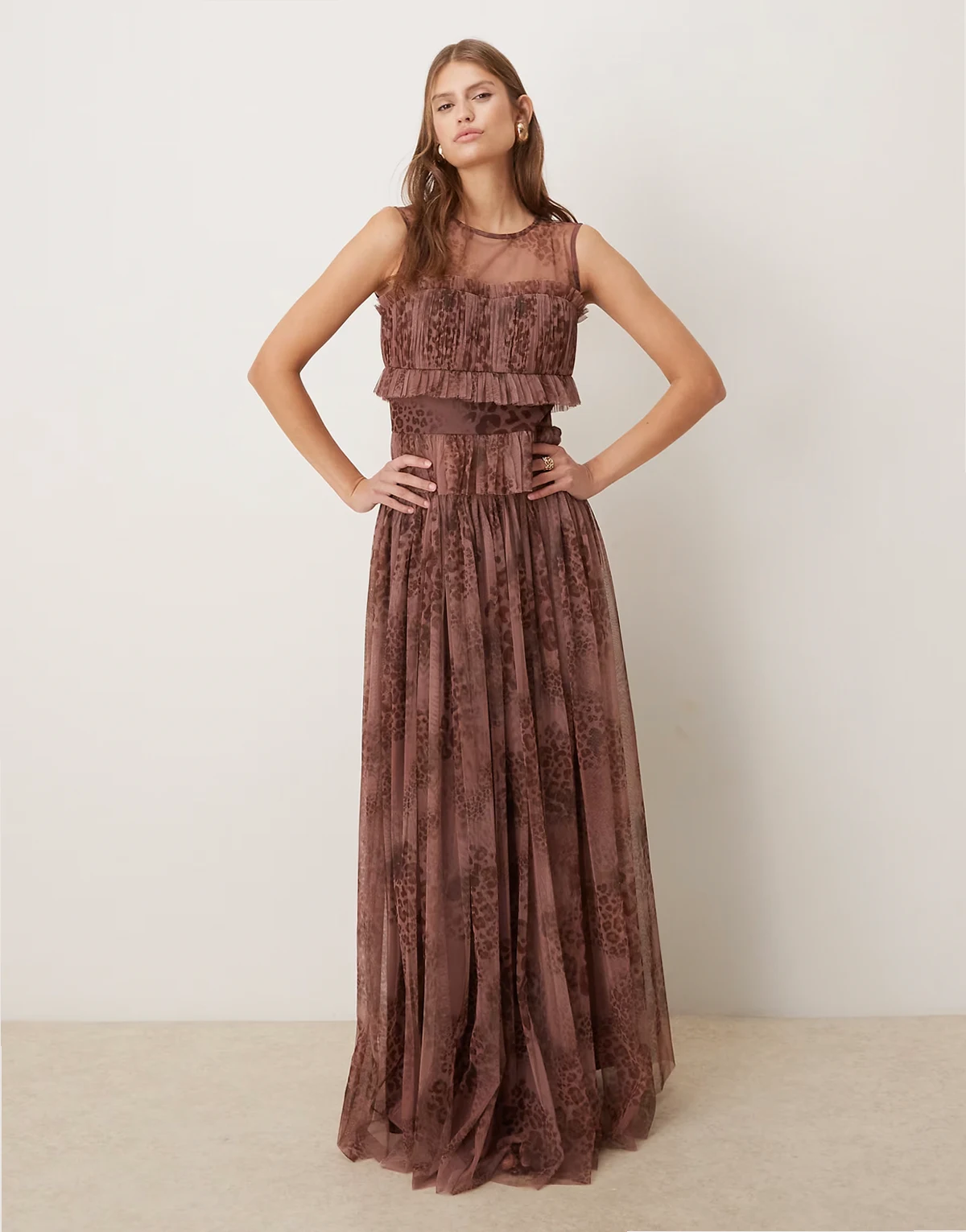 tulle maxi skirt in leopard-print plum