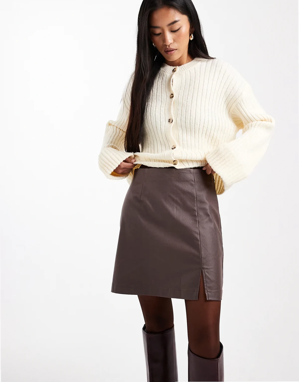 coated leather-look mini skirt in chocolate brown