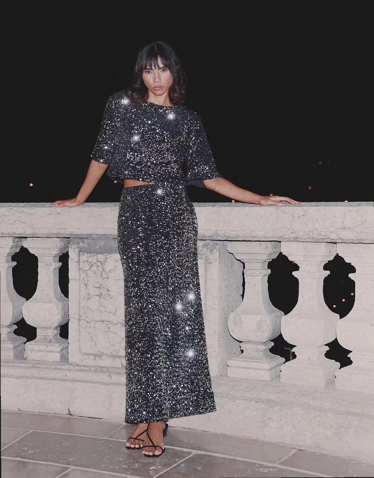 sequin velvet column maxi skirt in black - part of a set