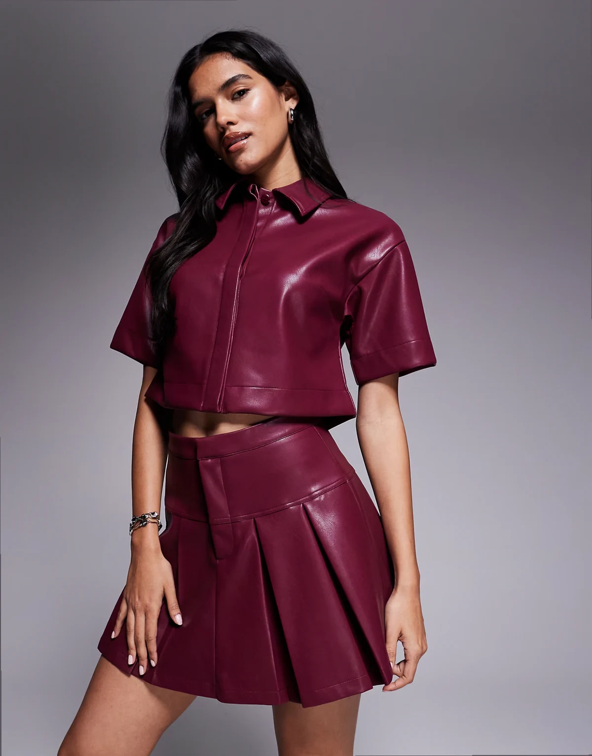 leather look pleated mini skirt in burgundy - part of a set