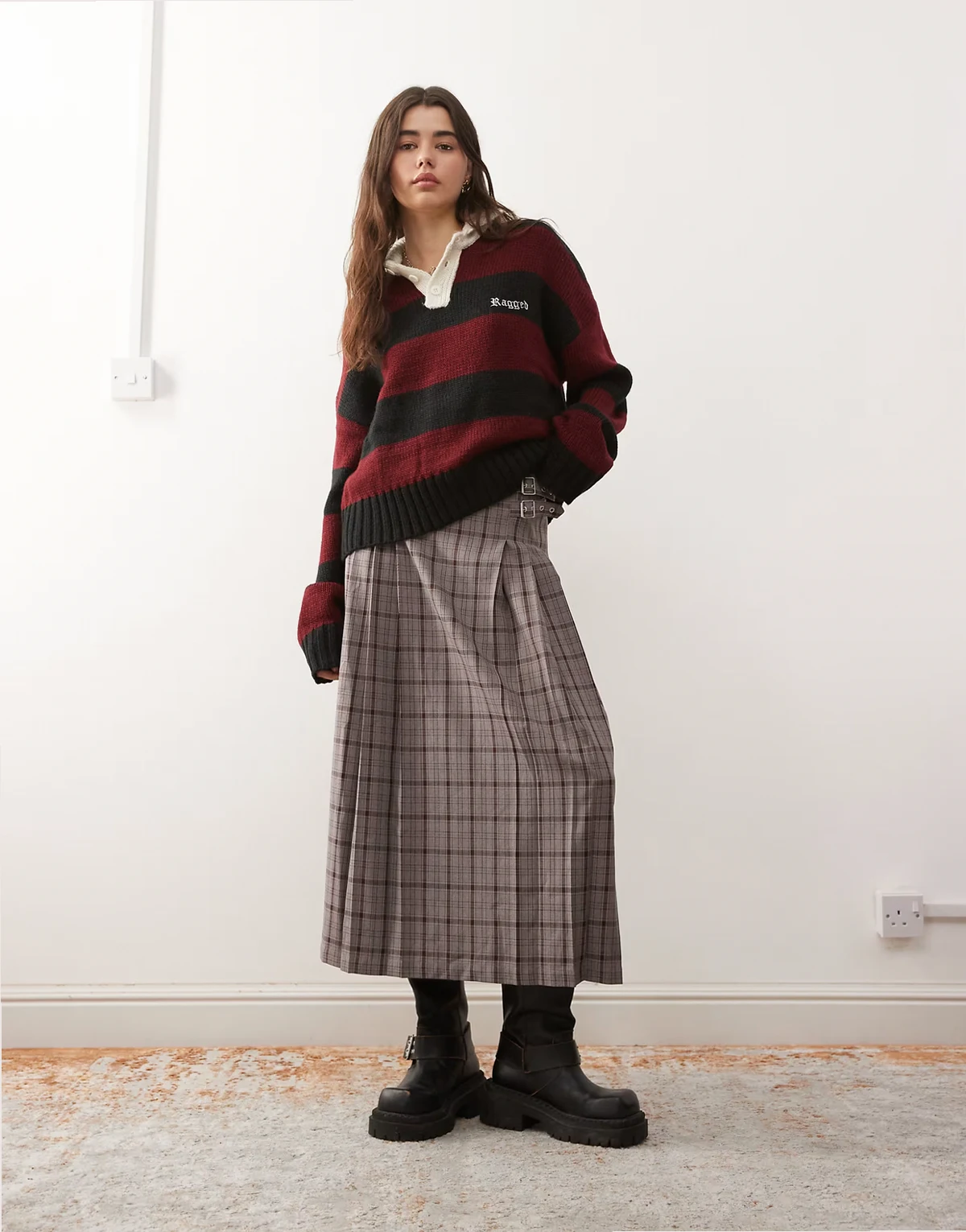buckle kilt wrap maxi skirt in red plaid