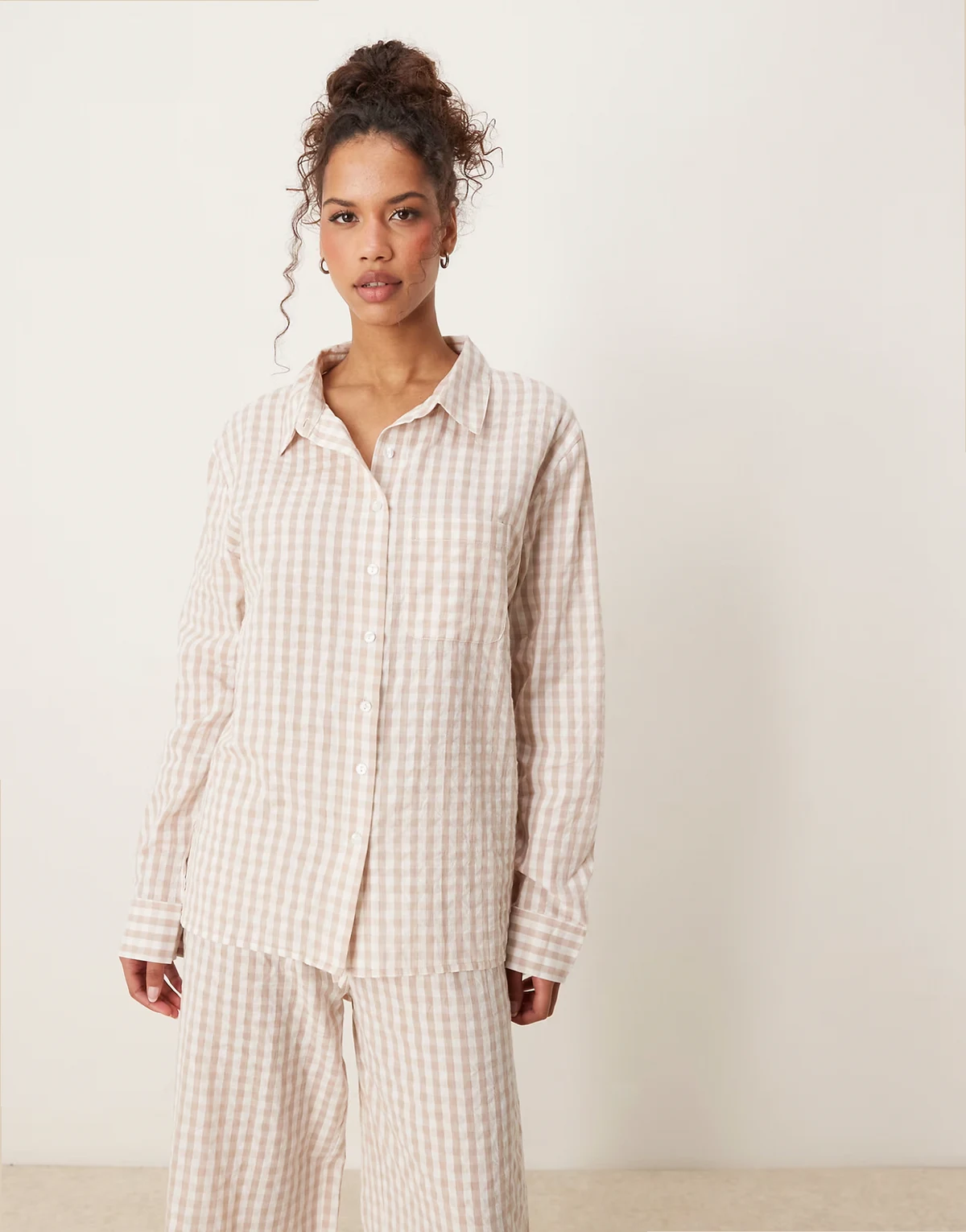 oversized pajama shirt set in beige
