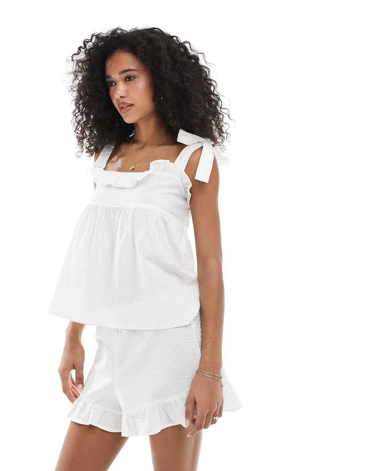 cami crinkle pj top with tie straps in white - part of a set