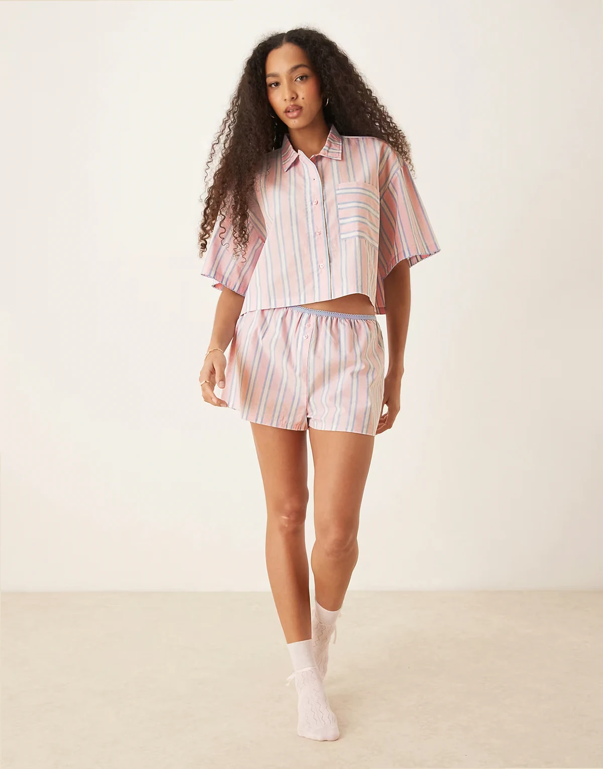 mix & match woven boxer pajama shorts in pink & blue stripes