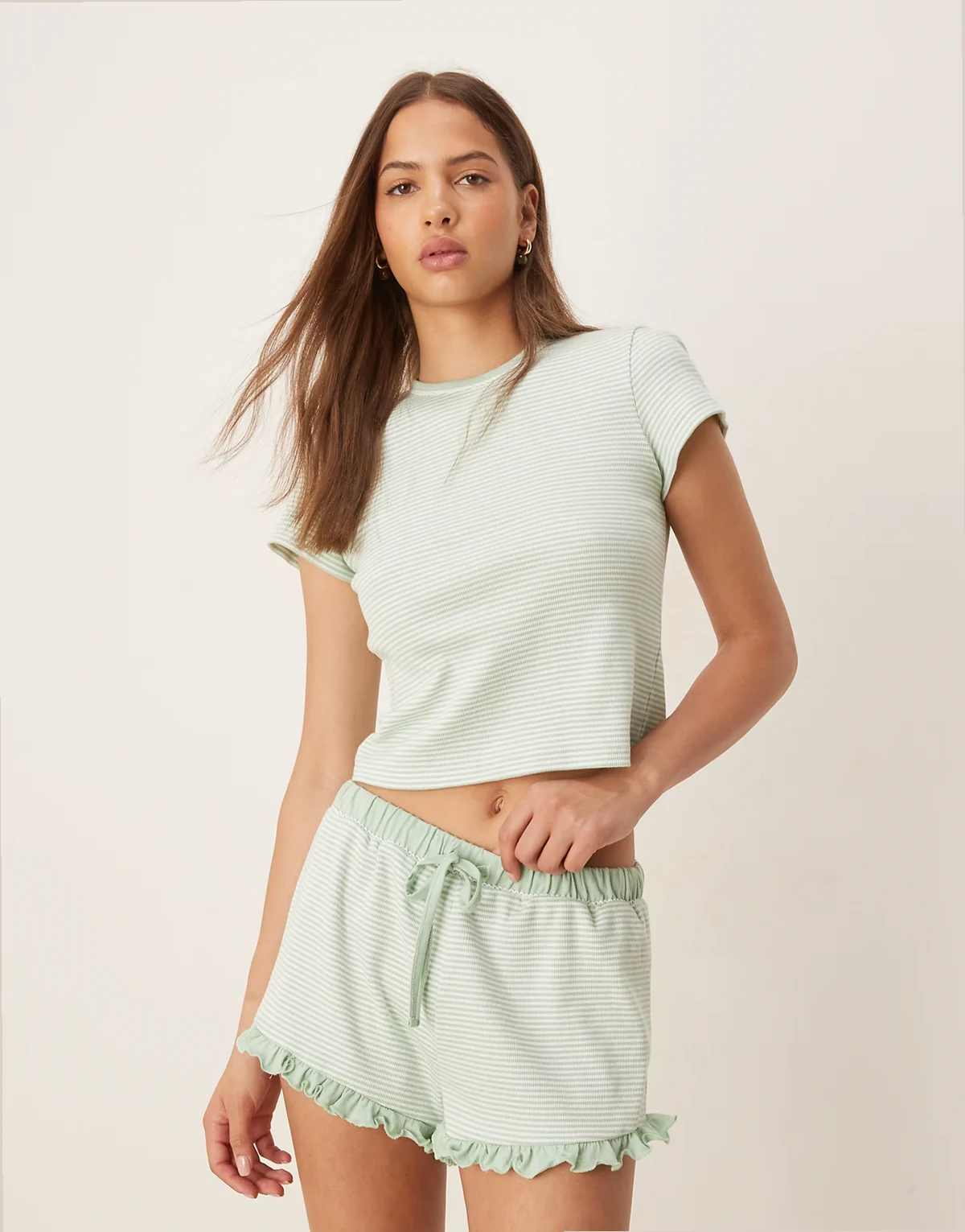 Mix & Match frill pajama tee in sage green stripes