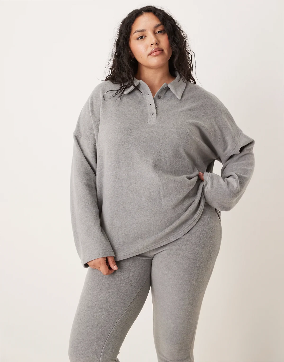 ASOS DESIGN Curve mix & match lightweight fleece collared sweater in light gray