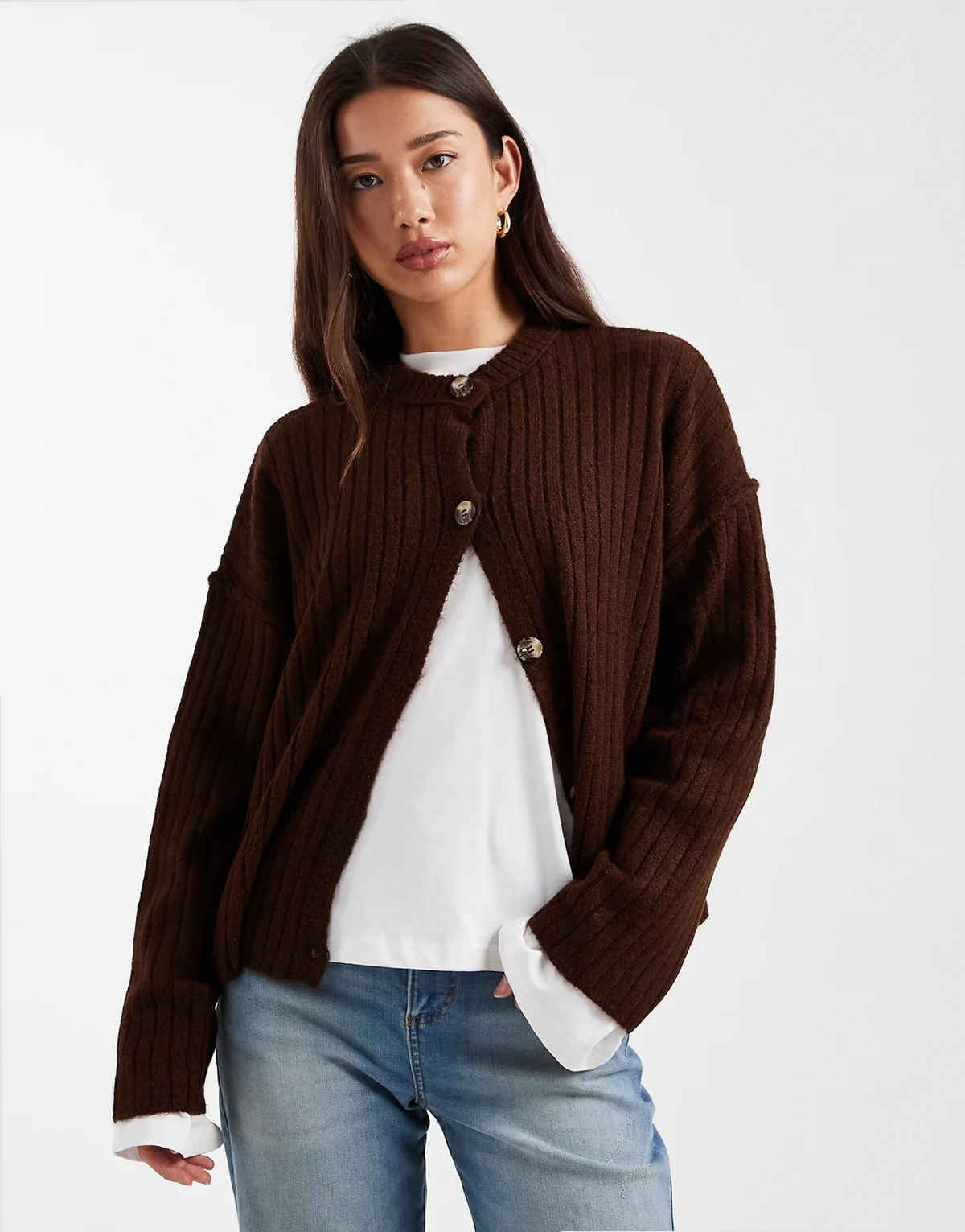 – Gerippte Oversize-Strickjacke in Schokobraun