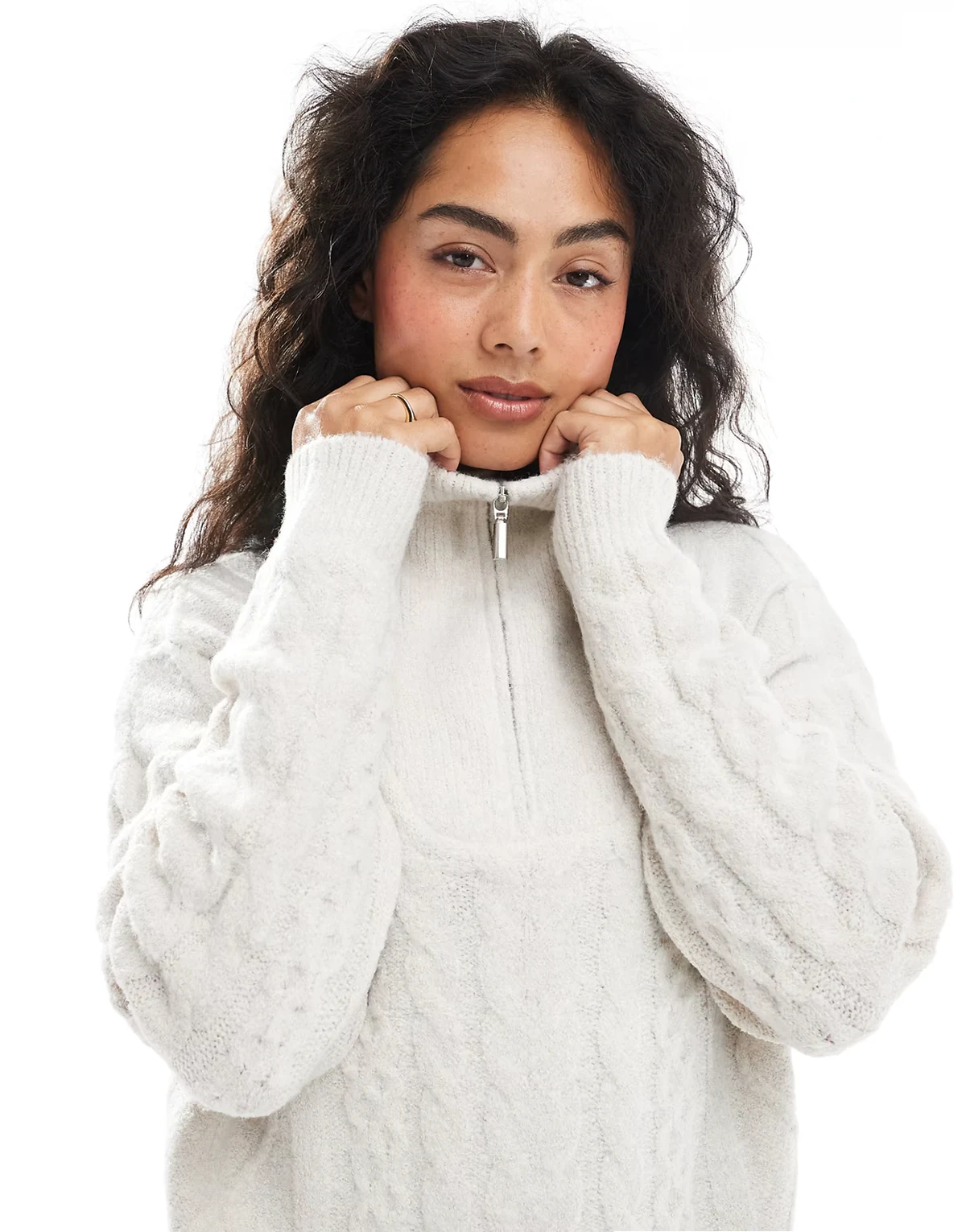 half zip cable knit sweater in oat