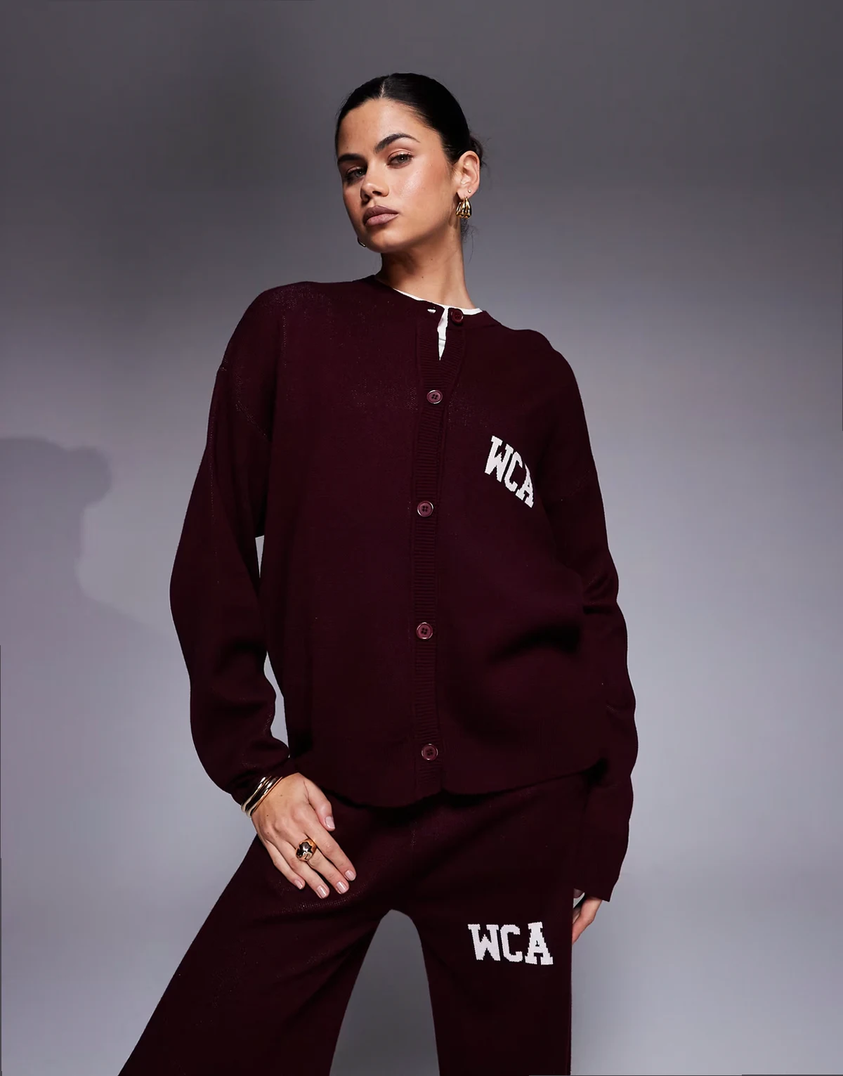 Weekend Collective knit cardigan with varsity graphic in burgundy - part of a set