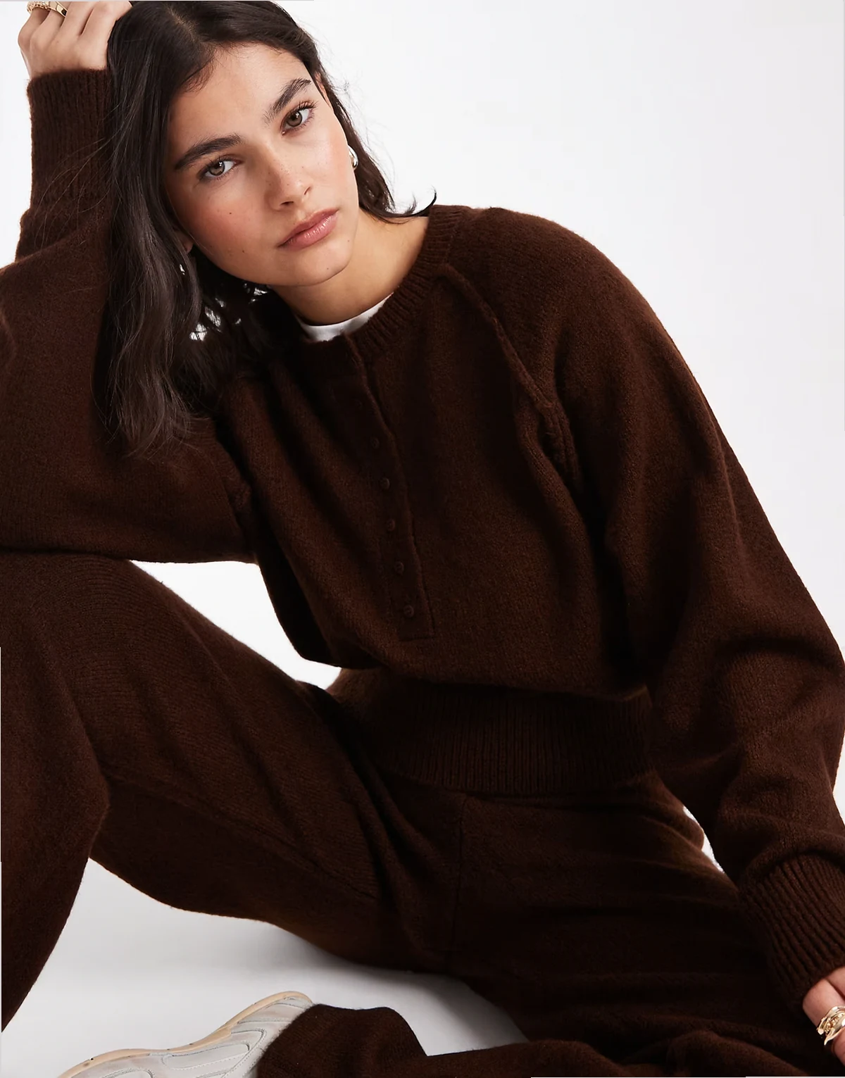 knit long sleeve Henley sweater in chocolate - part of a set