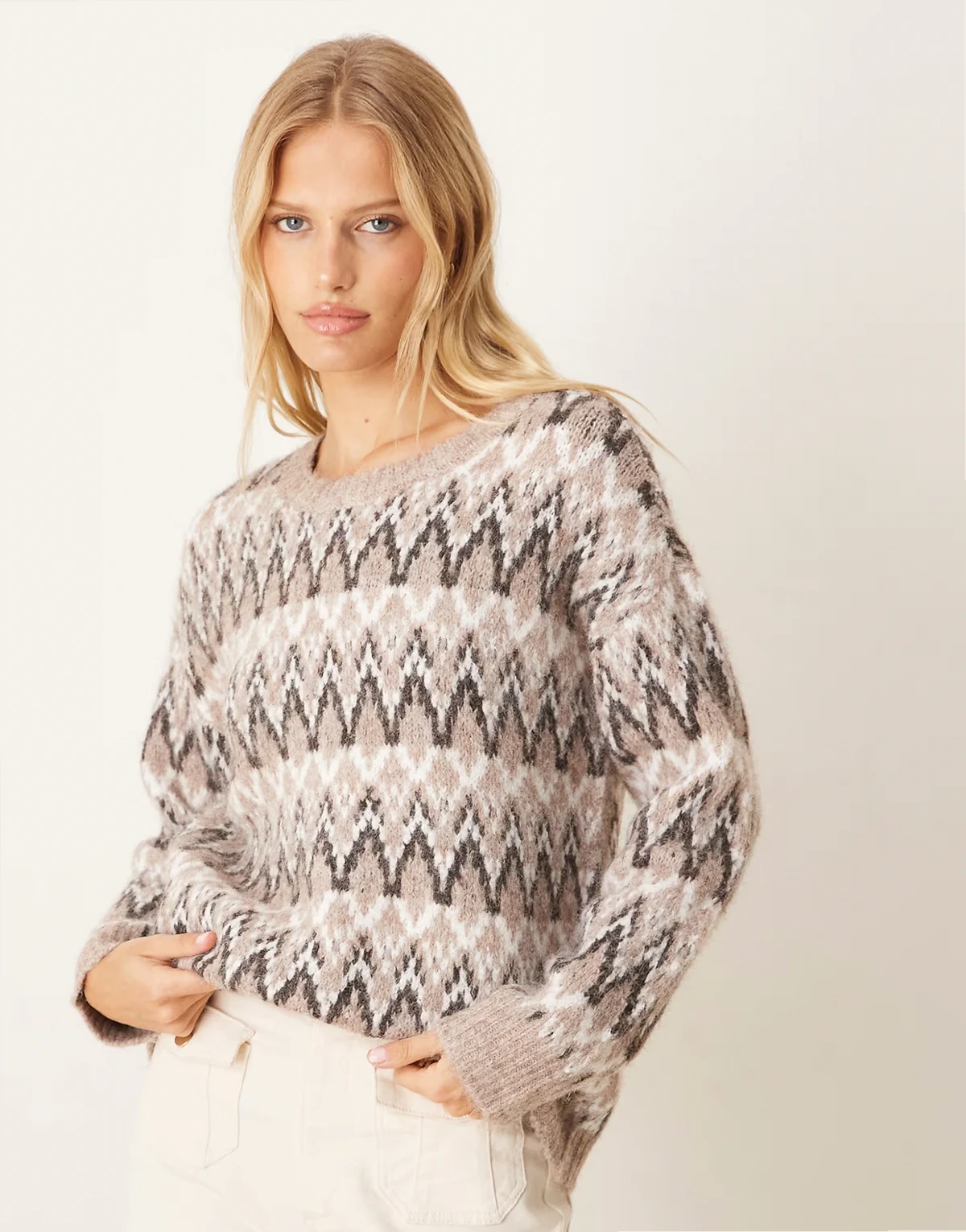 – Dicker Pullover in meliertem Naturton mit Norwegermuster