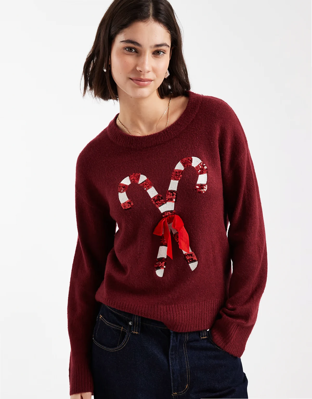oversized Christmas sweater with sequin candy cane detail in burgundy