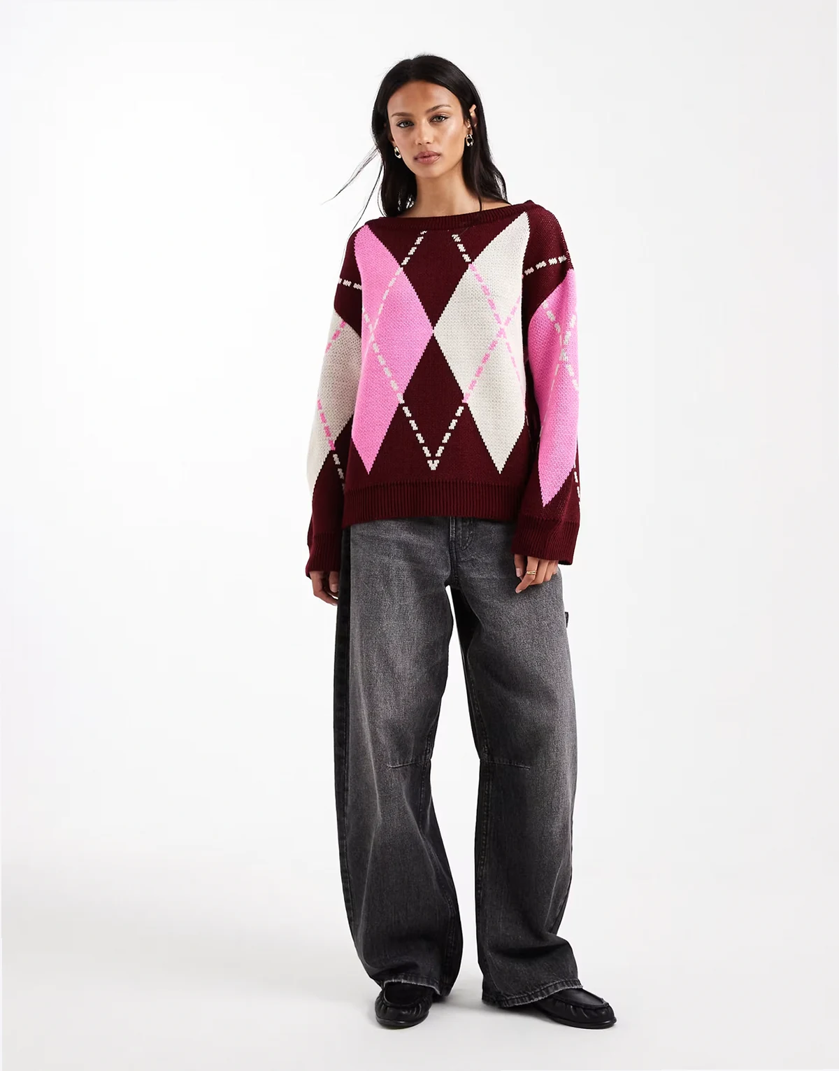 – Oversize-Strickpullover in Rosa mit Rautenmuster